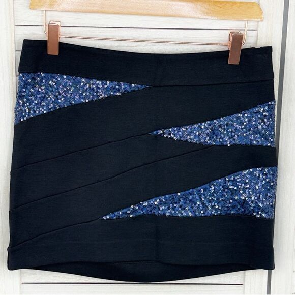 Express Knit Sequin Panel Mini Skirt Blue Black Size 4 - Picture 1 of 11